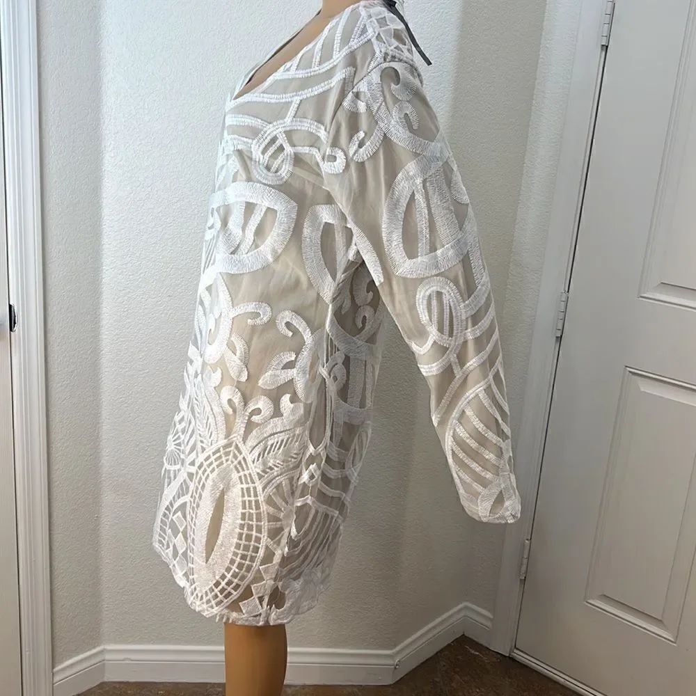 Sheilay Dress Size 3XL Sheer White Embroidered Beige Lining V Neck Long Sleeve - Picture 3 of 9